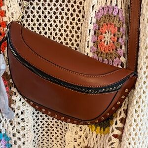 Brown Leather Crossbody Bag with Studs